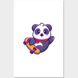 Cute panda play skateboard cartoon Posters and Art